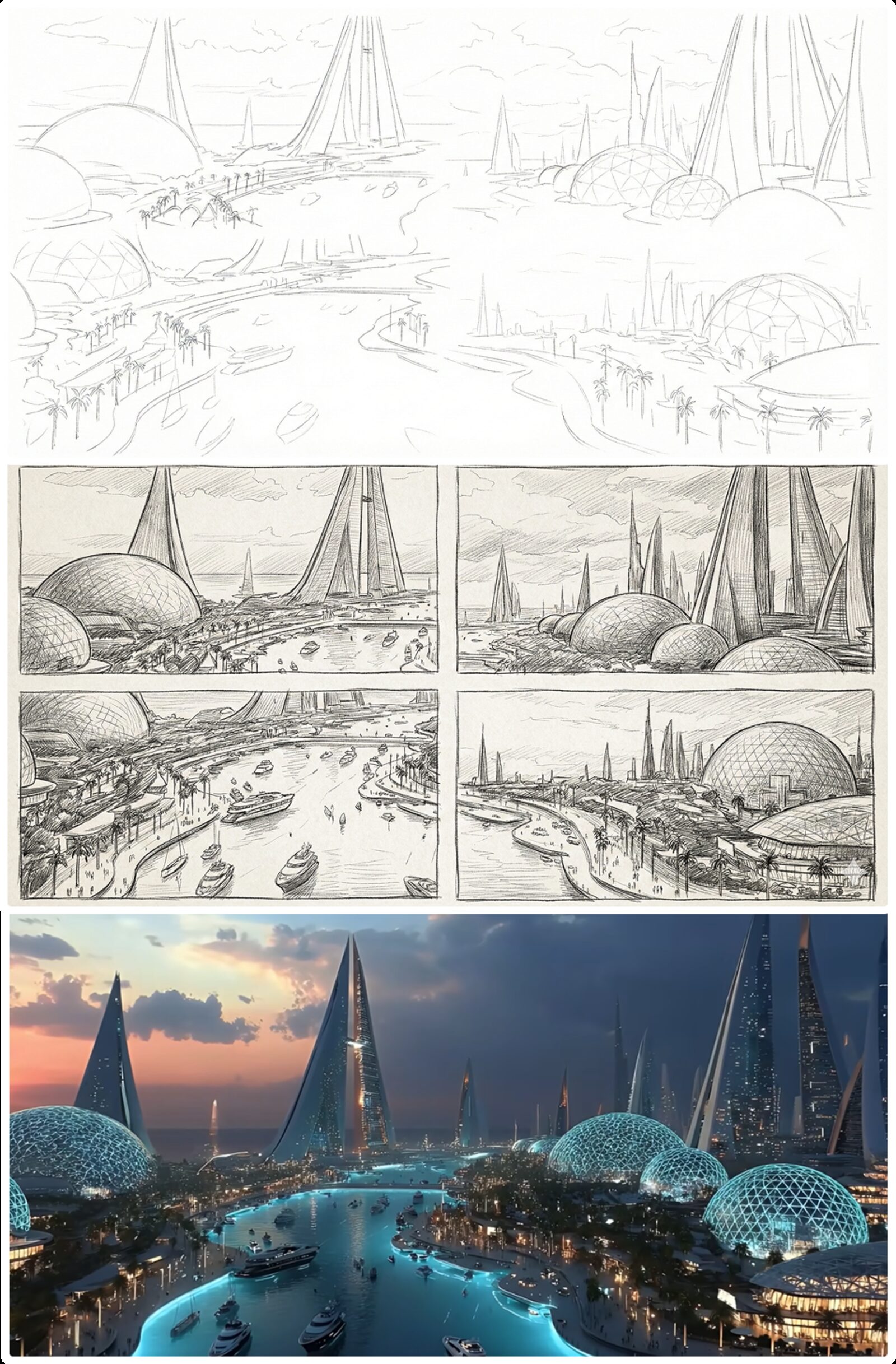 Concept sketches and a rendered cityscape, exploring AI-assisted ideation